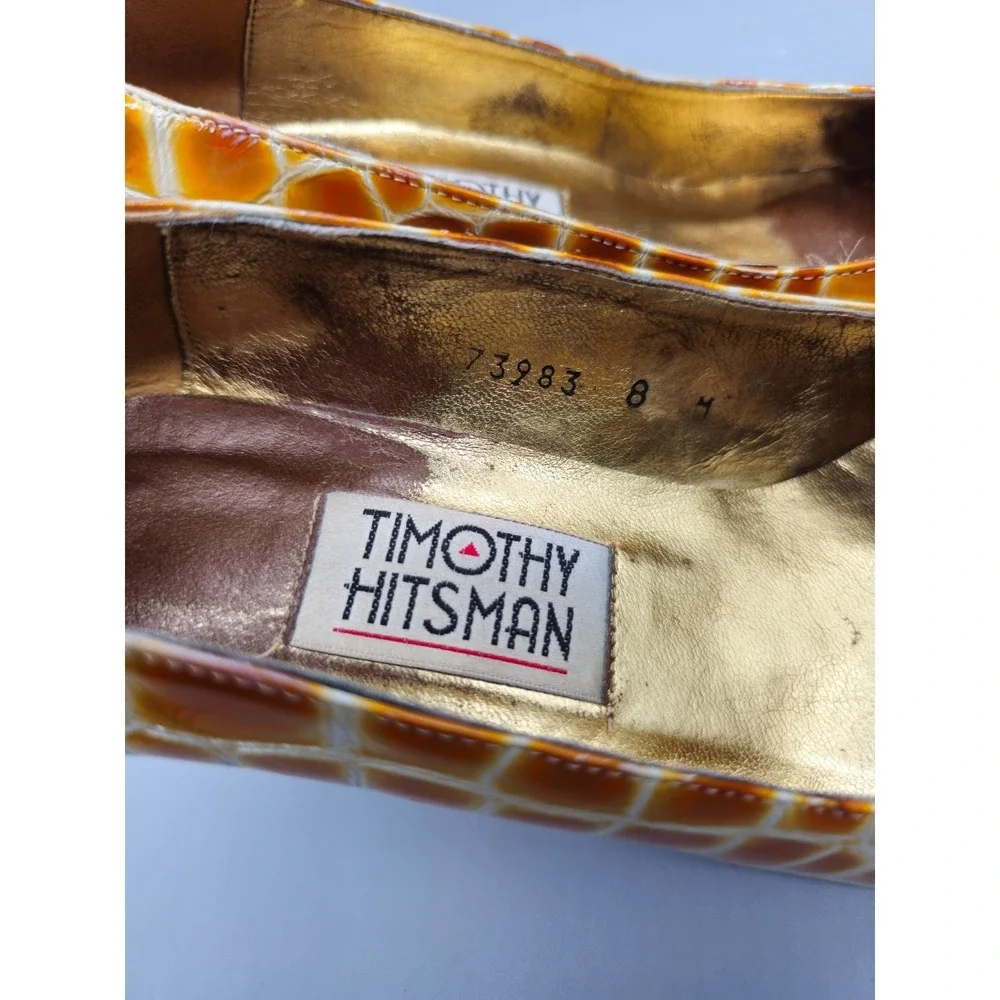 Vintage Timothy Hitsman Women 8M Yellow Marbled Square Heels Pump Spain Made